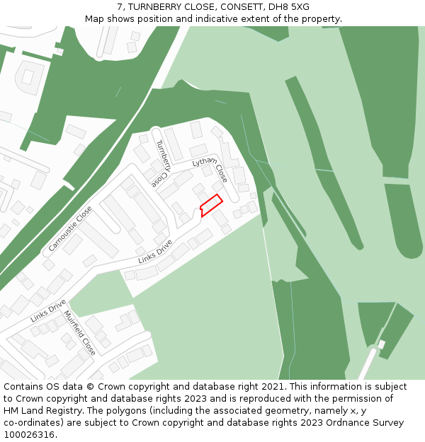 7, TURNBERRY CLOSE, CONSETT, DH8 5XG: Location map and indicative extent of plot