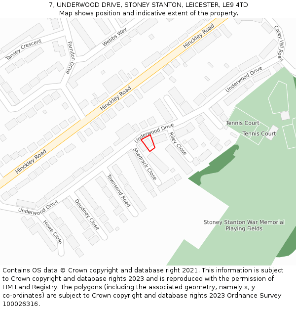 7, UNDERWOOD DRIVE, STONEY STANTON, LEICESTER, LE9 4TD: Location map and indicative extent of plot