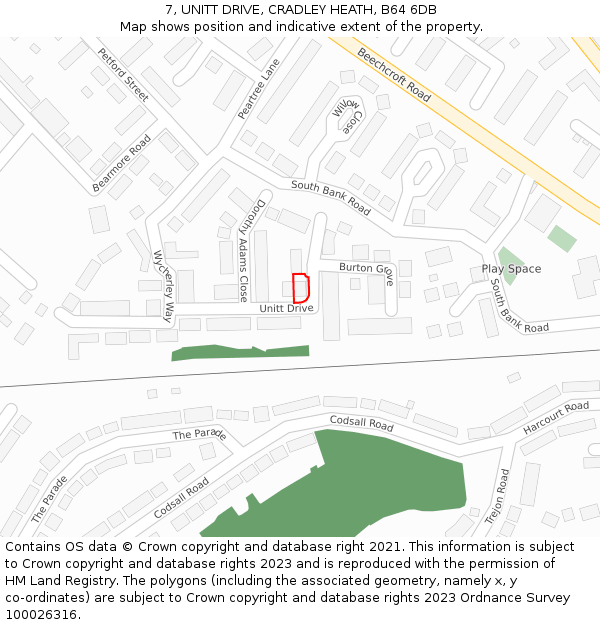 7, UNITT DRIVE, CRADLEY HEATH, B64 6DB: Location map and indicative extent of plot