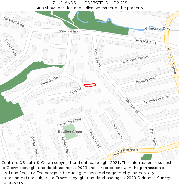 7, UPLANDS, HUDDERSFIELD, HD2 2FS: Location map and indicative extent of plot