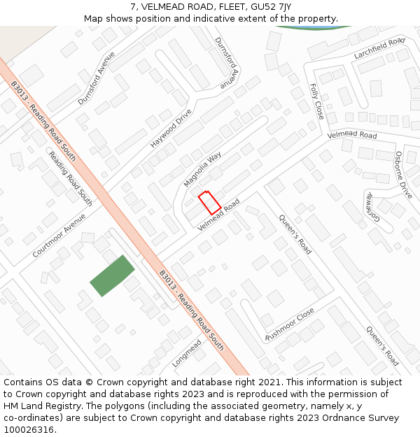7, VELMEAD ROAD, FLEET, GU52 7JY: Location map and indicative extent of plot
