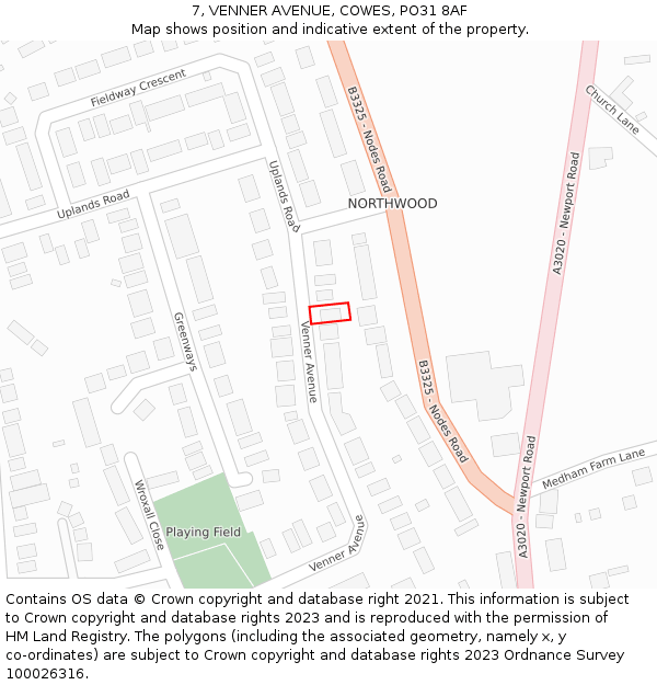 7, VENNER AVENUE, COWES, PO31 8AF: Location map and indicative extent of plot