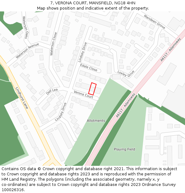 7, VERONA COURT, MANSFIELD, NG18 4HN: Location map and indicative extent of plot