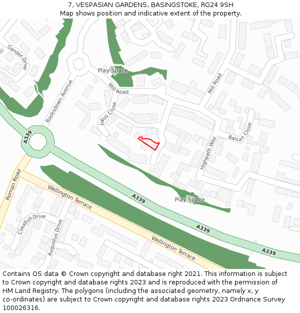 7, VESPASIAN GARDENS, BASINGSTOKE, RG24 9SH: Location map and indicative extent of plot