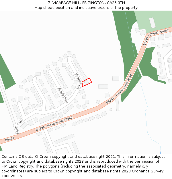 7, VICARAGE HILL, FRIZINGTON, CA26 3TH: Location map and indicative extent of plot