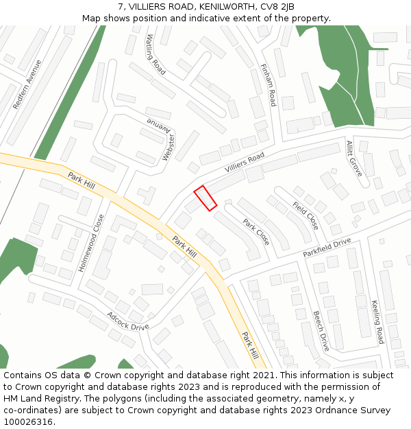 7, VILLIERS ROAD, KENILWORTH, CV8 2JB: Location map and indicative extent of plot