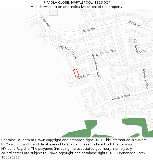 7, VIOLA CLOSE, HARTLEPOOL, TS26 0QP: Location map and indicative extent of plot