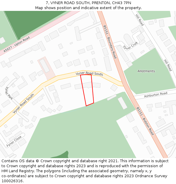 7, VYNER ROAD SOUTH, PRENTON, CH43 7PN: Location map and indicative extent of plot