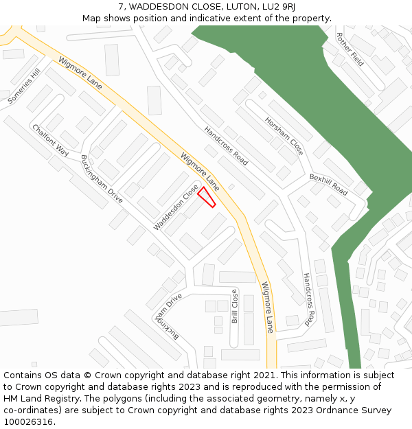 7, WADDESDON CLOSE, LUTON, LU2 9RJ: Location map and indicative extent of plot