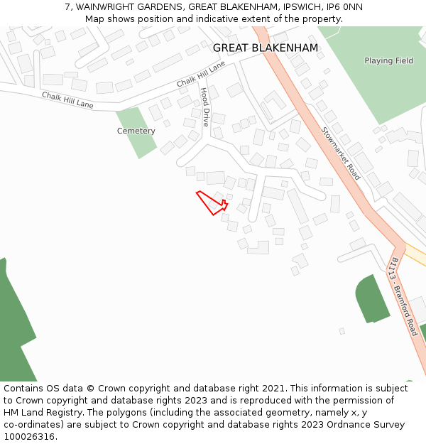 7, WAINWRIGHT GARDENS, GREAT BLAKENHAM, IPSWICH, IP6 0NN: Location map and indicative extent of plot