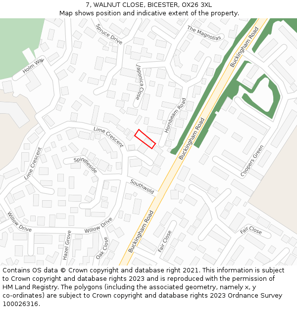 7, WALNUT CLOSE, BICESTER, OX26 3XL: Location map and indicative extent of plot