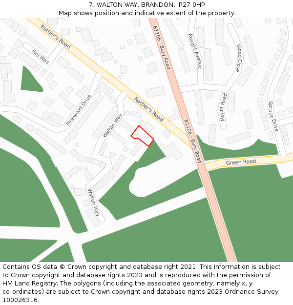 7, WALTON WAY, BRANDON, IP27 0HP: Location map and indicative extent of plot