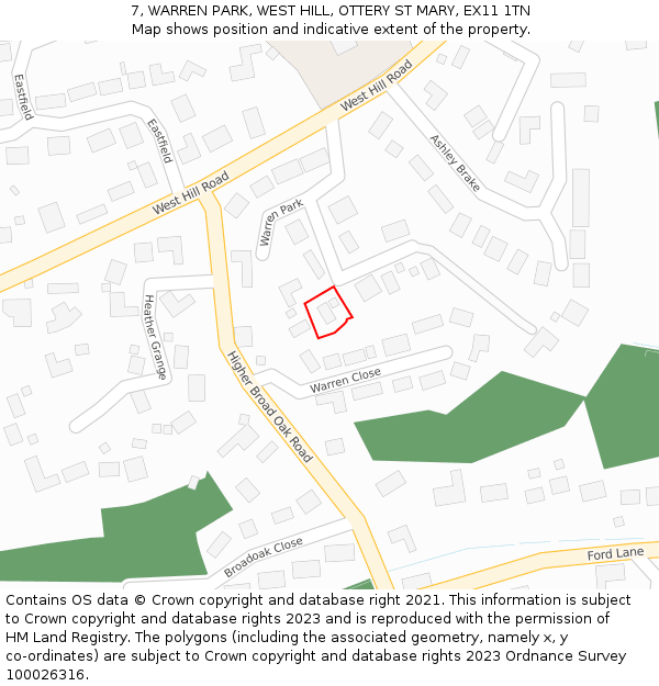 7, WARREN PARK, WEST HILL, OTTERY ST MARY, EX11 1TN: Location map and indicative extent of plot