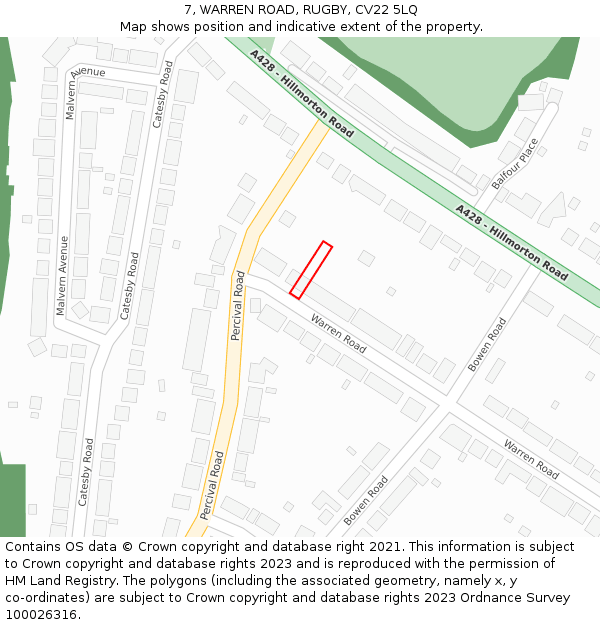 7, WARREN ROAD, RUGBY, CV22 5LQ: Location map and indicative extent of plot