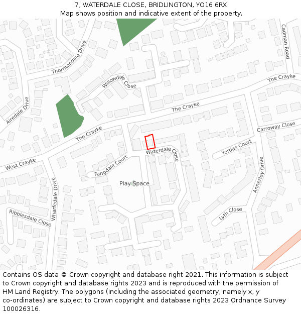 7, WATERDALE CLOSE, BRIDLINGTON, YO16 6RX: Location map and indicative extent of plot