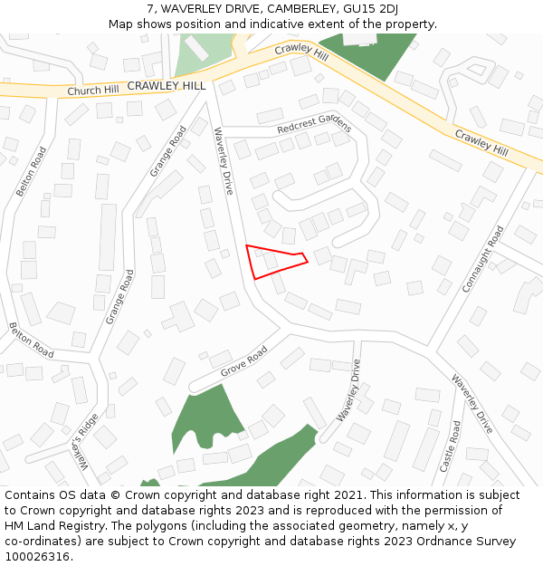 7, WAVERLEY DRIVE, CAMBERLEY, GU15 2DJ: Location map and indicative extent of plot