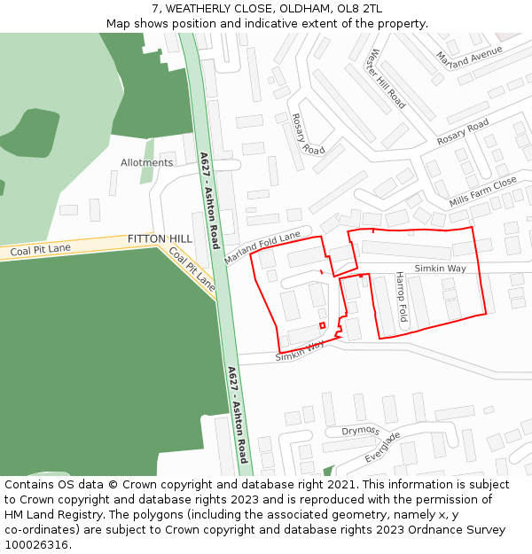 7, WEATHERLY CLOSE, OLDHAM, OL8 2TL: Location map and indicative extent of plot