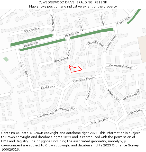 7, WEDGEWOOD DRIVE, SPALDING, PE11 3FJ: Location map and indicative extent of plot