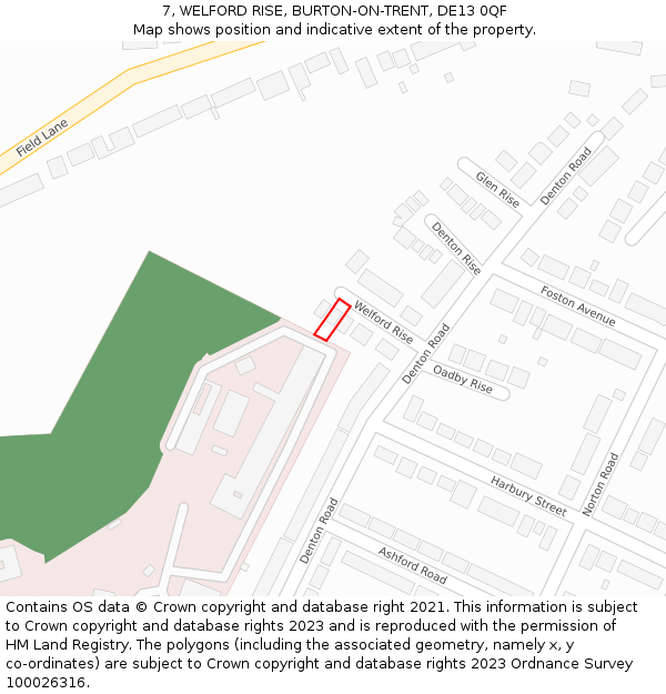 7, WELFORD RISE, BURTON-ON-TRENT, DE13 0QF: Location map and indicative extent of plot