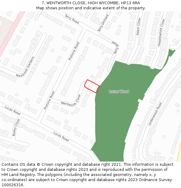 7, WENTWORTH CLOSE, HIGH WYCOMBE, HP13 6RA: Location map and indicative extent of plot