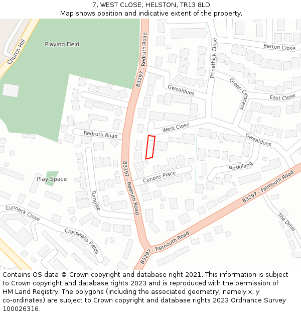 7, WEST CLOSE, HELSTON, TR13 8LD: Location map and indicative extent of plot