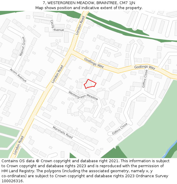 7, WESTERGREEN MEADOW, BRAINTREE, CM7 1JN: Location map and indicative extent of plot