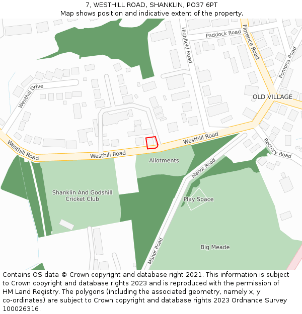 7, WESTHILL ROAD, SHANKLIN, PO37 6PT: Location map and indicative extent of plot