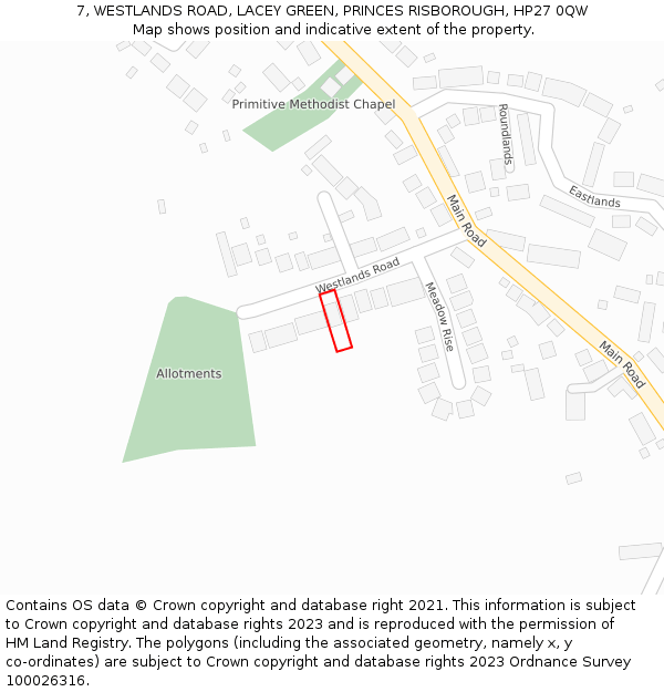 7, WESTLANDS ROAD, LACEY GREEN, PRINCES RISBOROUGH, HP27 0QW: Location map and indicative extent of plot