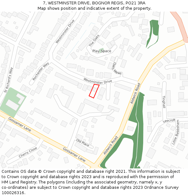 7, WESTMINSTER DRIVE, BOGNOR REGIS, PO21 3RA: Location map and indicative extent of plot