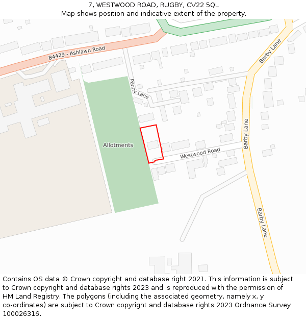 7, WESTWOOD ROAD, RUGBY, CV22 5QL: Location map and indicative extent of plot