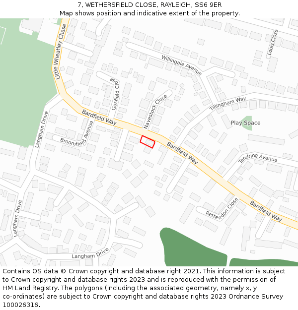 7, WETHERSFIELD CLOSE, RAYLEIGH, SS6 9ER: Location map and indicative extent of plot