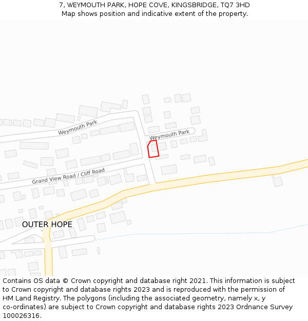 7, WEYMOUTH PARK, HOPE COVE, KINGSBRIDGE, TQ7 3HD: Location map and indicative extent of plot