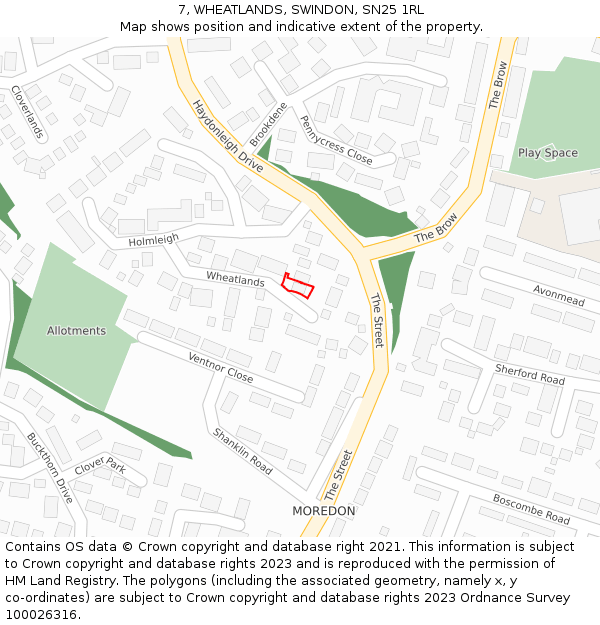 7, WHEATLANDS, SWINDON, SN25 1RL: Location map and indicative extent of plot