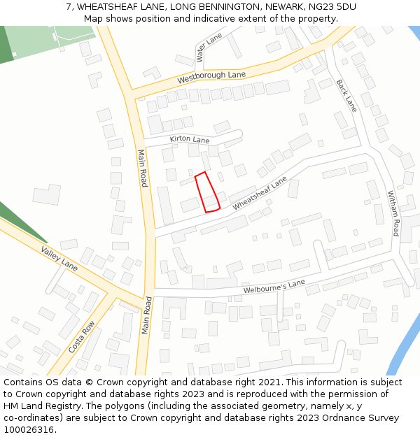 7, WHEATSHEAF LANE, LONG BENNINGTON, NEWARK, NG23 5DU: Location map and indicative extent of plot