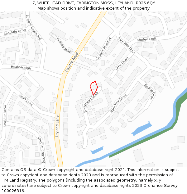 7, WHITEHEAD DRIVE, FARINGTON MOSS, LEYLAND, PR26 6QY: Location map and indicative extent of plot