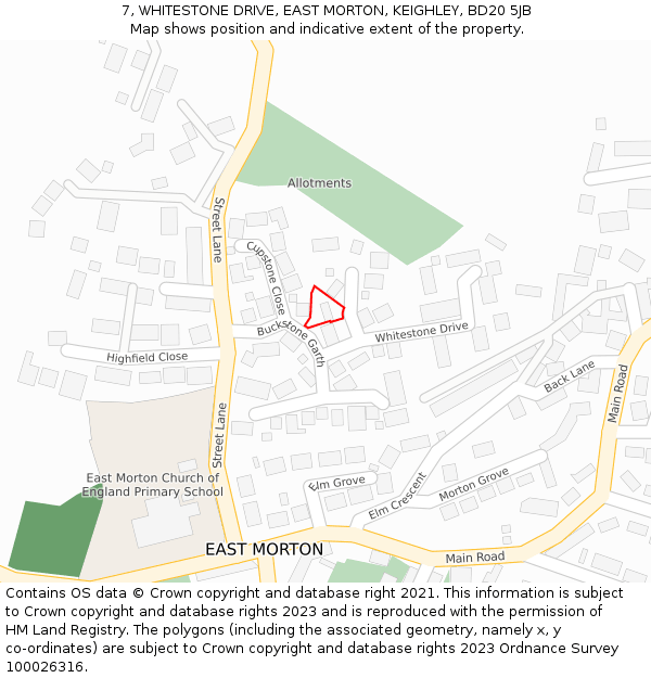 7, WHITESTONE DRIVE, EAST MORTON, KEIGHLEY, BD20 5JB: Location map and indicative extent of plot