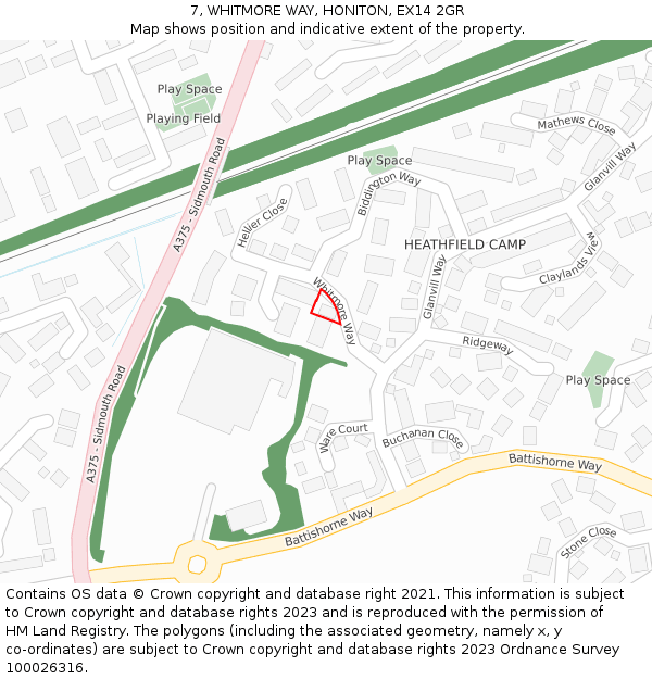 7, WHITMORE WAY, HONITON, EX14 2GR: Location map and indicative extent of plot