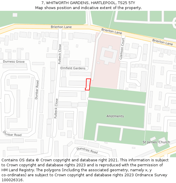 7, WHITWORTH GARDENS, HARTLEPOOL, TS25 5TY: Location map and indicative extent of plot