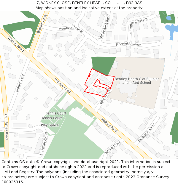 7, WIDNEY CLOSE, BENTLEY HEATH, SOLIHULL, B93 9AS: Location map and indicative extent of plot