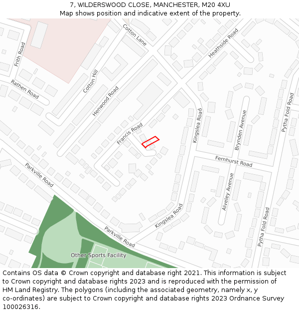 7, WILDERSWOOD CLOSE, MANCHESTER, M20 4XU: Location map and indicative extent of plot
