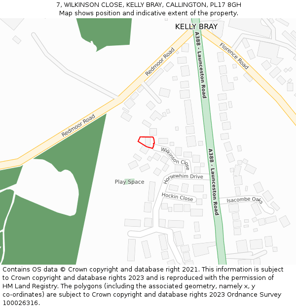 7, WILKINSON CLOSE, KELLY BRAY, CALLINGTON, PL17 8GH: Location map and indicative extent of plot