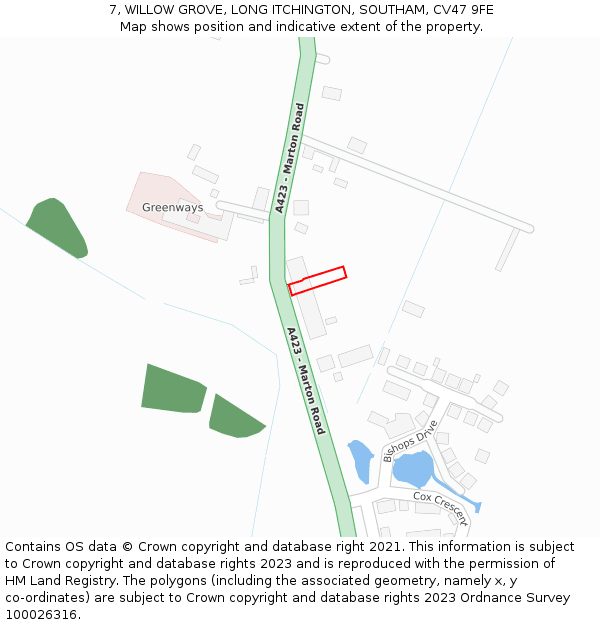 7, WILLOW GROVE, LONG ITCHINGTON, SOUTHAM, CV47 9FE: Location map and indicative extent of plot