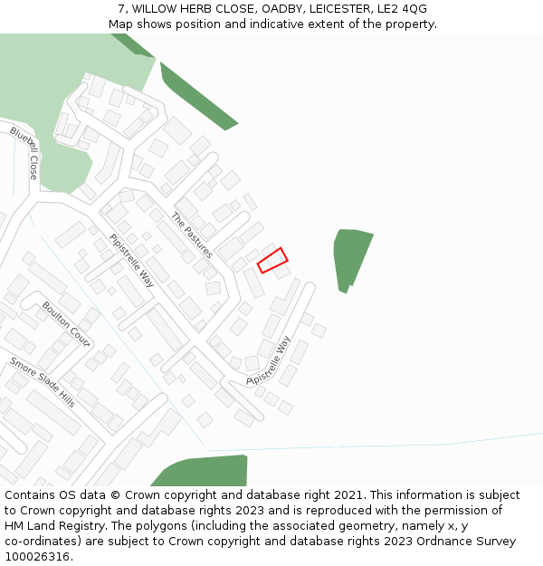 7, WILLOW HERB CLOSE, OADBY, LEICESTER, LE2 4QG: Location map and indicative extent of plot