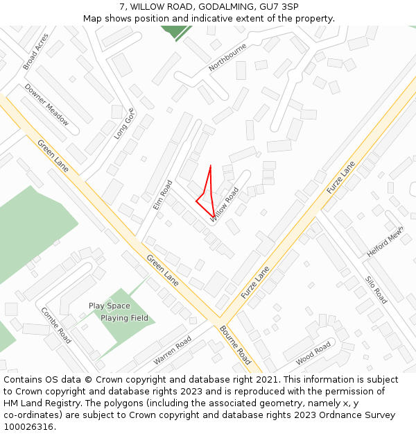 7, WILLOW ROAD, GODALMING, GU7 3SP: Location map and indicative extent of plot