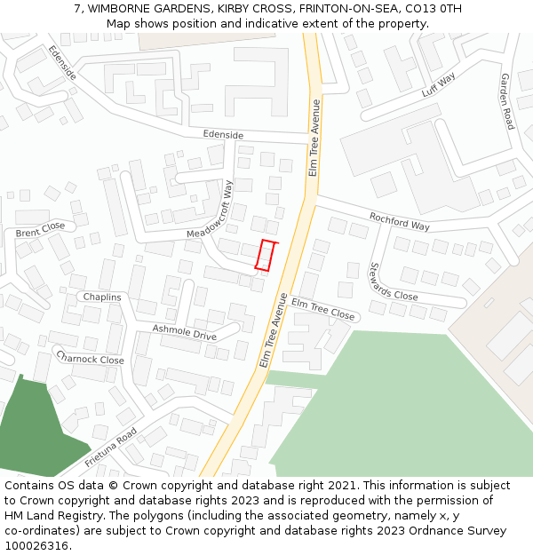 7, WIMBORNE GARDENS, KIRBY CROSS, FRINTON-ON-SEA, CO13 0TH: Location map and indicative extent of plot
