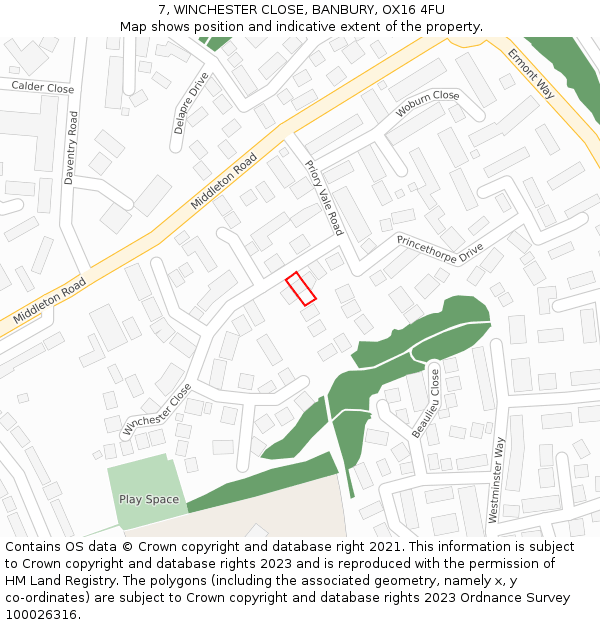 7, WINCHESTER CLOSE, BANBURY, OX16 4FU: Location map and indicative extent of plot