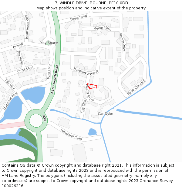 7, WINDLE DRIVE, BOURNE, PE10 0DB: Location map and indicative extent of plot