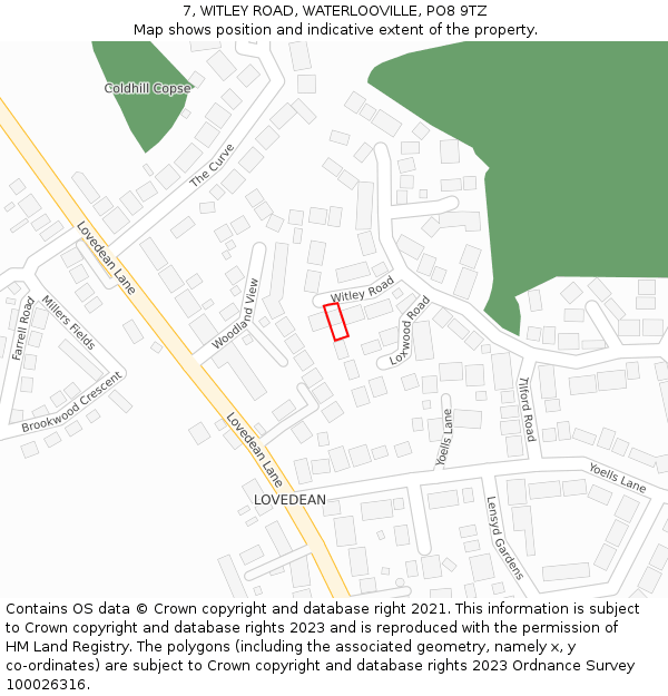 7, WITLEY ROAD, WATERLOOVILLE, PO8 9TZ: Location map and indicative extent of plot
