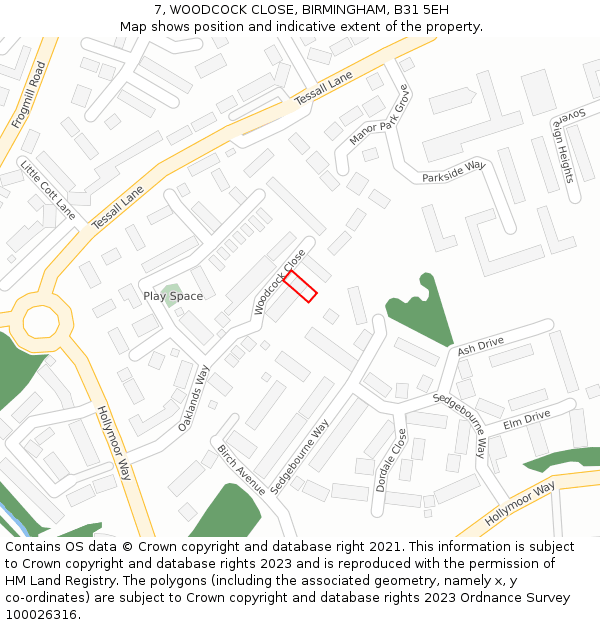 7, WOODCOCK CLOSE, BIRMINGHAM, B31 5EH: Location map and indicative extent of plot