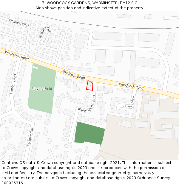 7, WOODCOCK GARDENS, WARMINSTER, BA12 9JG: Location map and indicative extent of plot